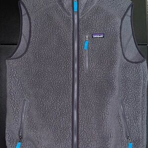Patagonia Retro Pile Gray Fleece Vest with Blue Trim
